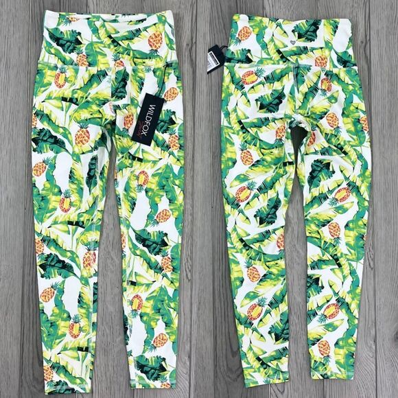 Wildfox Women Size S Green Yellow High Rise Novelty Palm Pinapple NEW Leggings - Picture 1 of 15